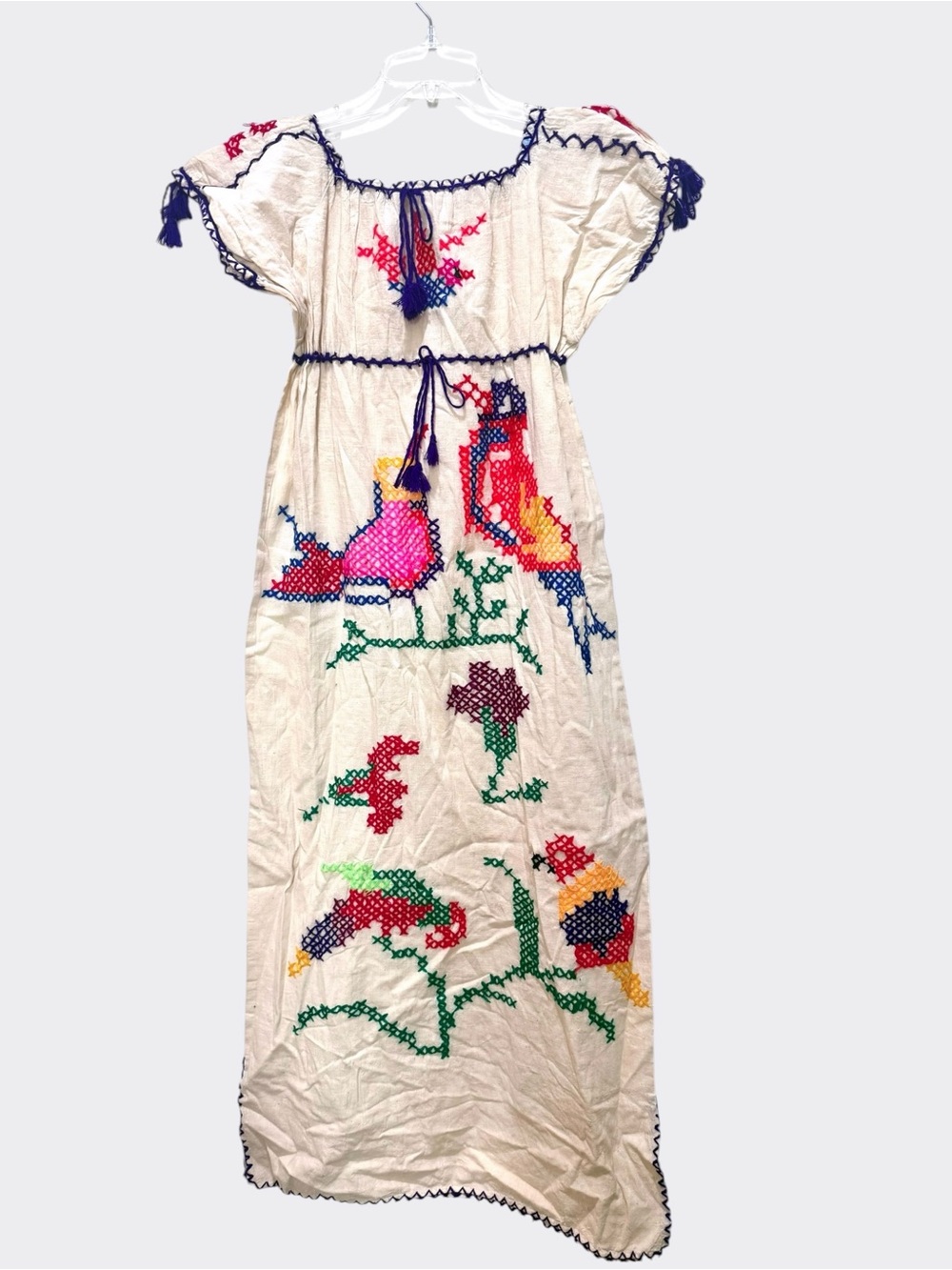 Huitzilli Mexican Dress Puebla Hand Embroidered with Birds and Flowers